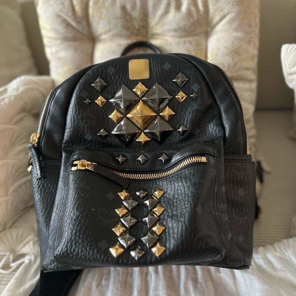 Authentic MCM Black Backpack with Gold Studs - Picture 7 of 17